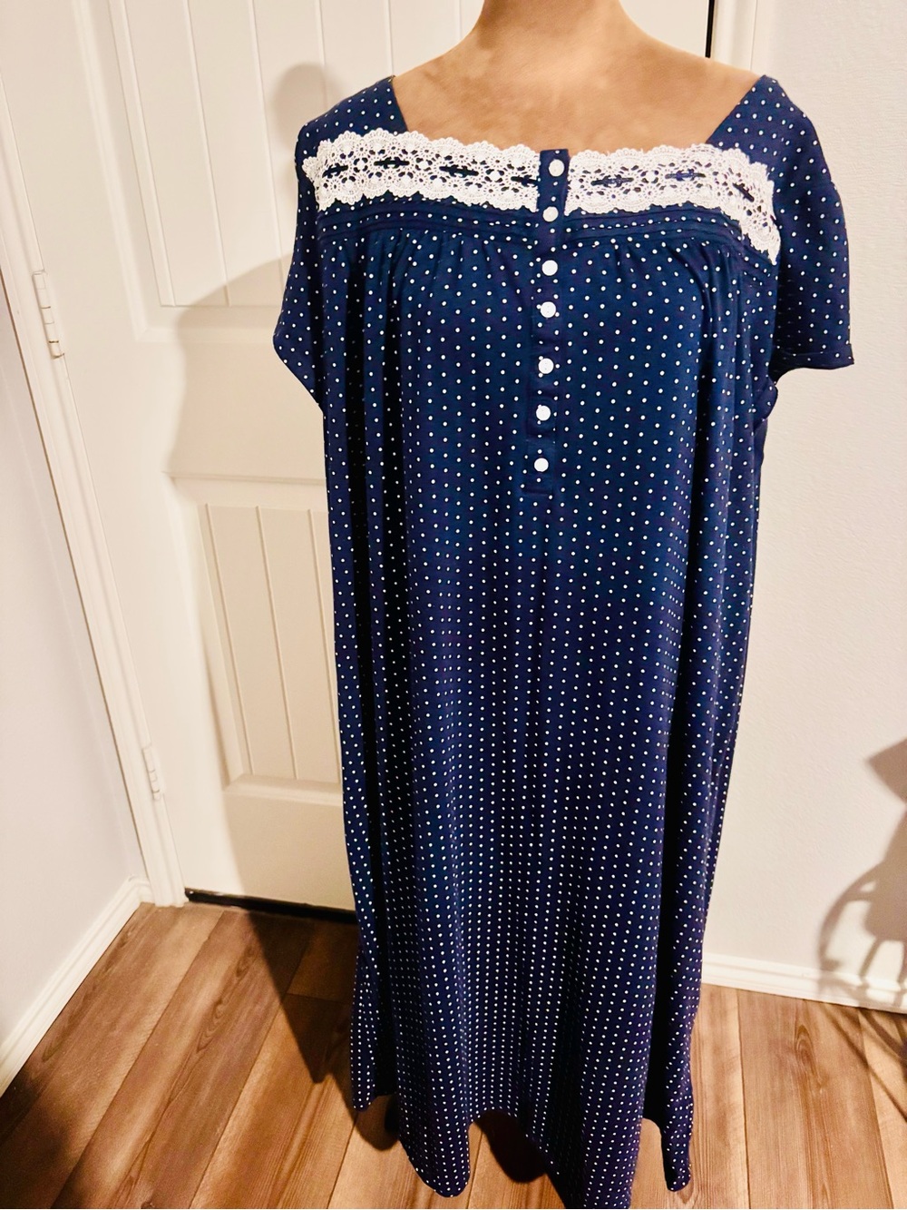 Croft & Borrow Navy Polka Dot Lace-Trim Women's Nightgowb 3X